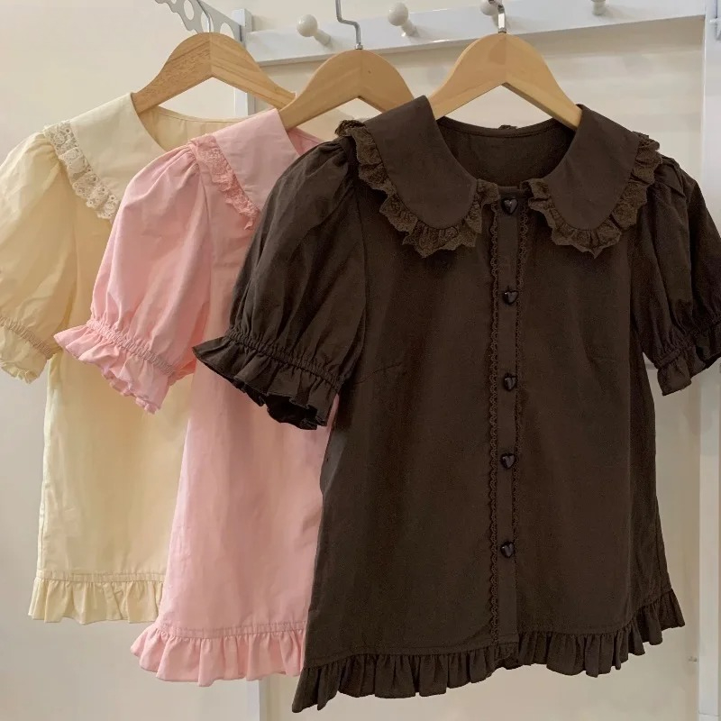 夏日本のかわいいロリータシャツ女性甘いパフ半袖レースフリルス - Summer Japanese Clothing のレビューと価格