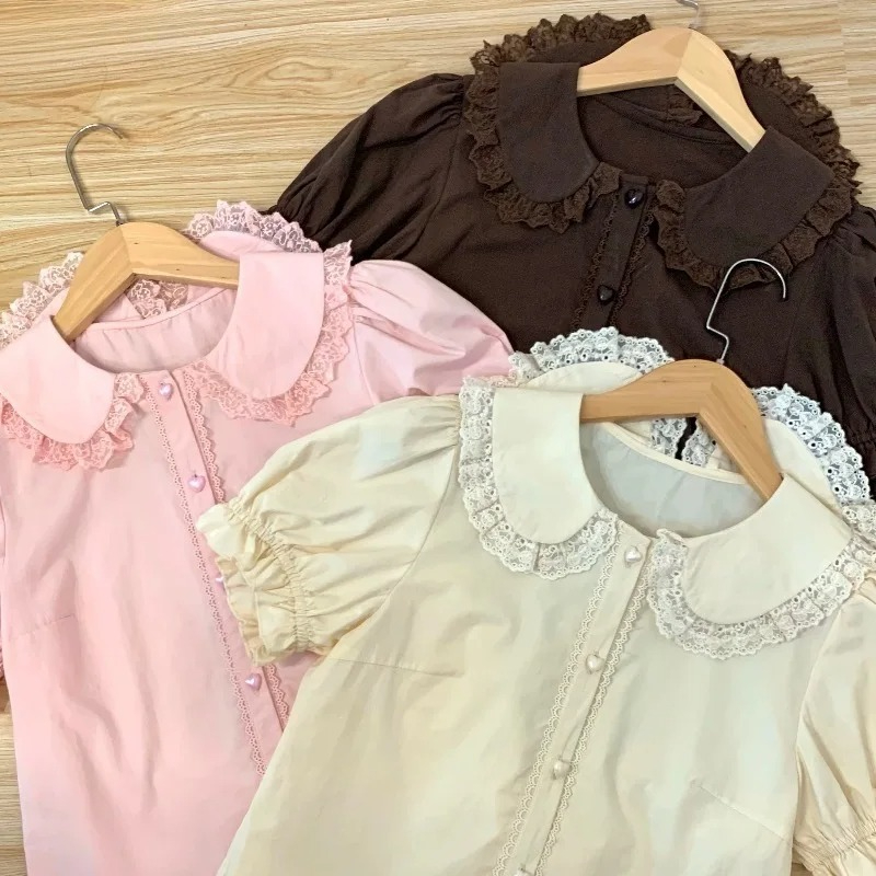 夏日本のかわいいロリータシャツ女性甘いパフ半袖レースフリルス - Summer Japanese Clothing のレビューと価格