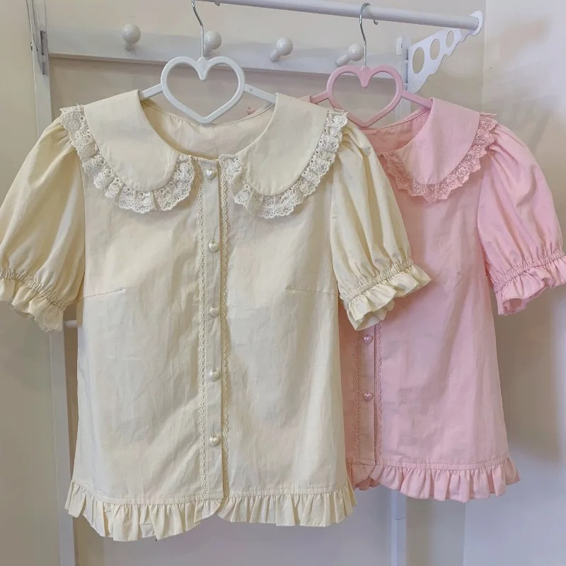 夏日本のかわいいロリータシャツ女性甘いパフ半袖レースフリルス - Summer Japanese Clothing のレビューと価格
