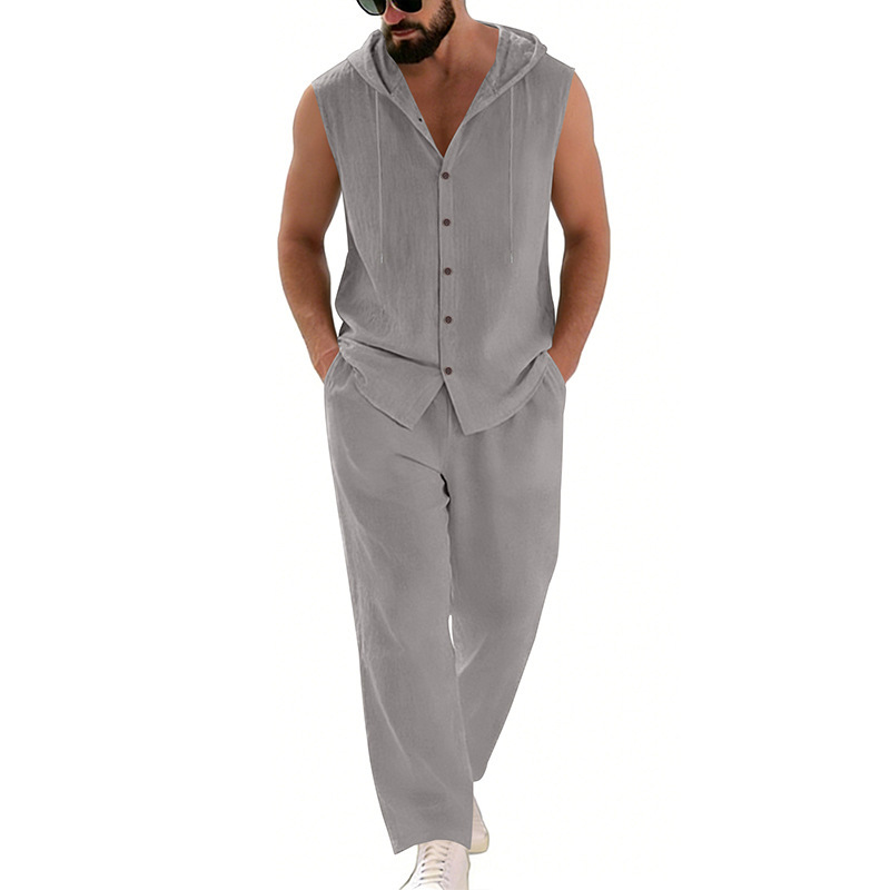 メンズカジュアルリネンスーツフード付きセーターとパンツセット - Summer Clothing Men のレビューと価格