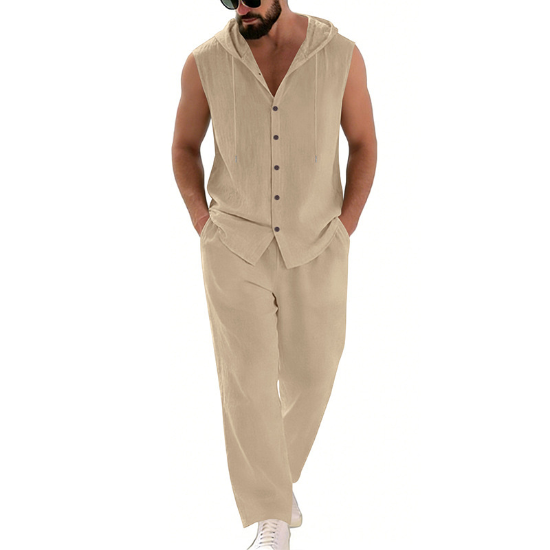 メンズカジュアルリネンスーツフード付きセーターとパンツセット - Summer Clothing Men のレビューと価格