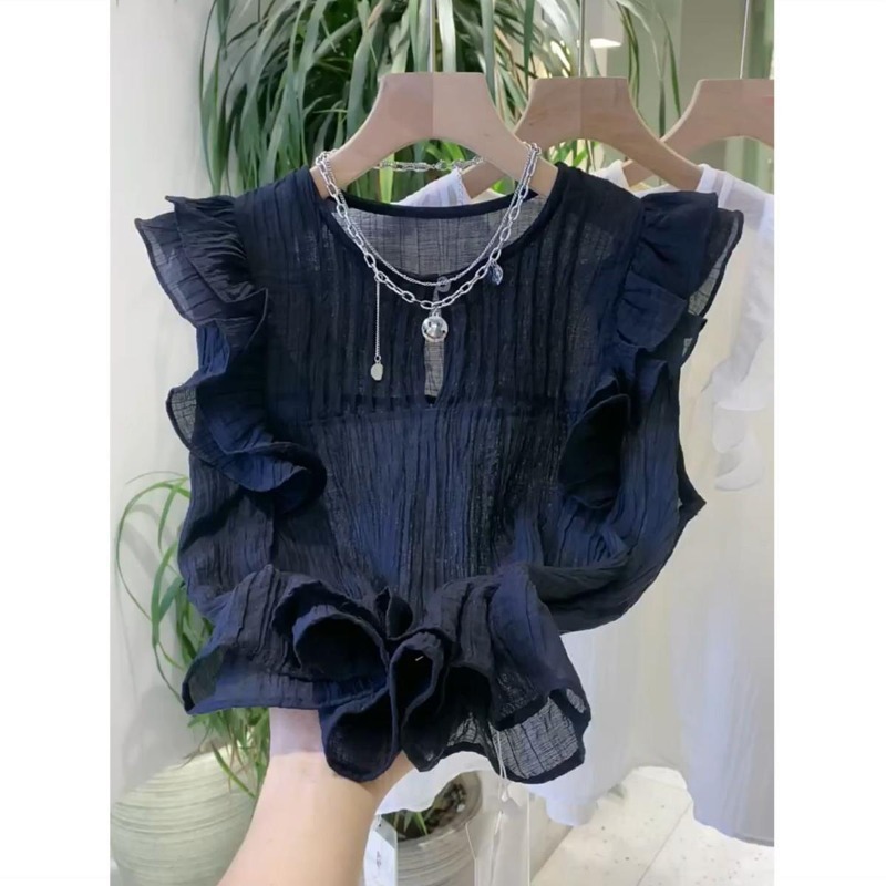 女性用フライングスリーブブラウス、ラウンドネック、フリル、単 - Summer Japanese Clothing のレビューと価格