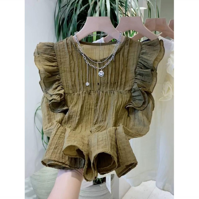 女性用フライングスリーブブラウス、ラウンドネック、フリル、単 - Summer Japanese Clothing のレビューと価格