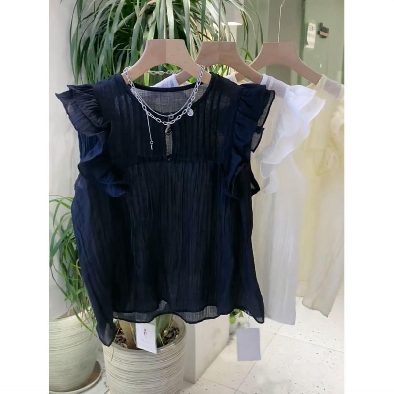 女性用フライングスリーブブラウス、ラウンドネック、フリル、単 - Summer Japanese Clothing のレビューと価格