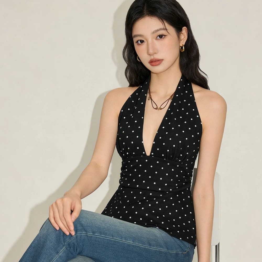 ファッションノースリーブ女性クロップトッププリーツディープ  - Halter Neck Top のレビューと価格