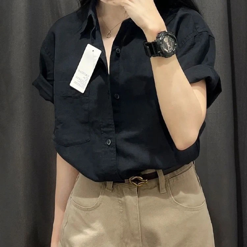 韓国半袖ポロネックソリッドシンプルシャツトップス新しい夏のボ - Summer Clothing Trends For Women のレビューと価格