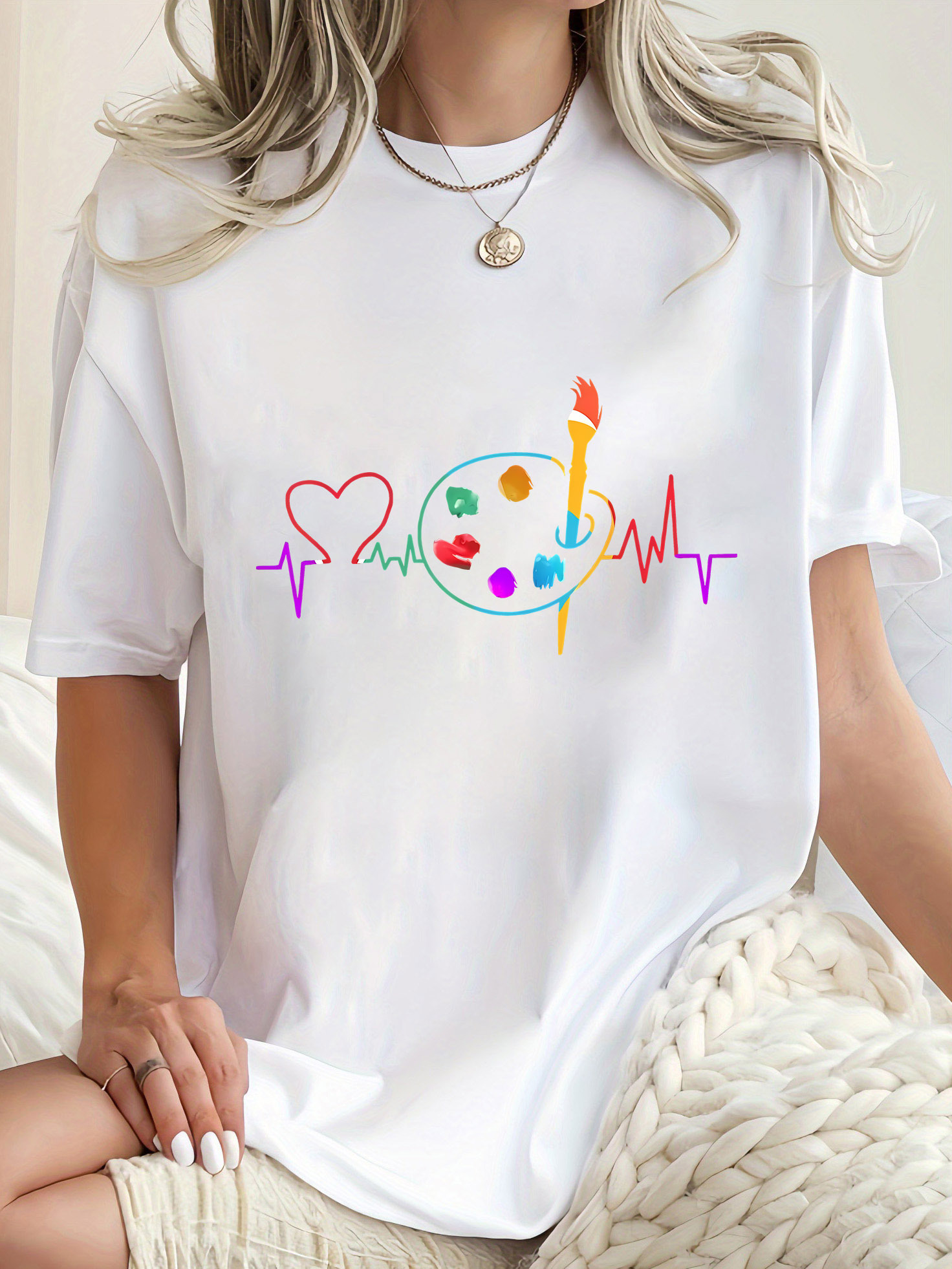 カラフルな幾何学的な女性のカジュアルクルーネック Tシャツハ - Summer Clothing Palette のレビューと価格
