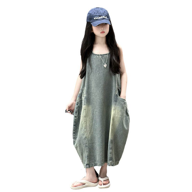 ヴィンテージブルー子供女の子高品質ノースリーブデニムドレスス - Summer Clothing Girl のレビューと価格