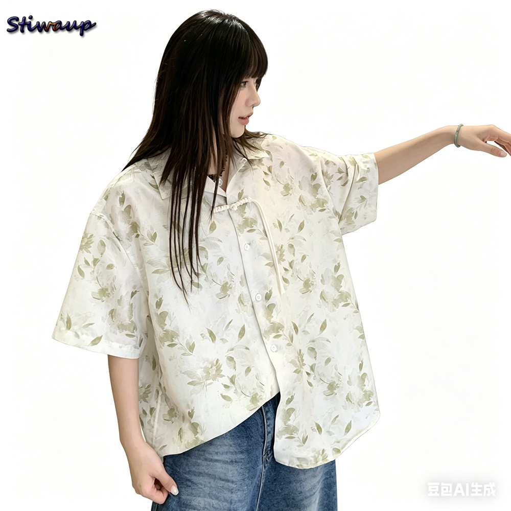 夏の高品質の女性のブラウスグリーン中国ヴィンテージ花柄半袖女 - Summer Green Clothing のレビューと価格