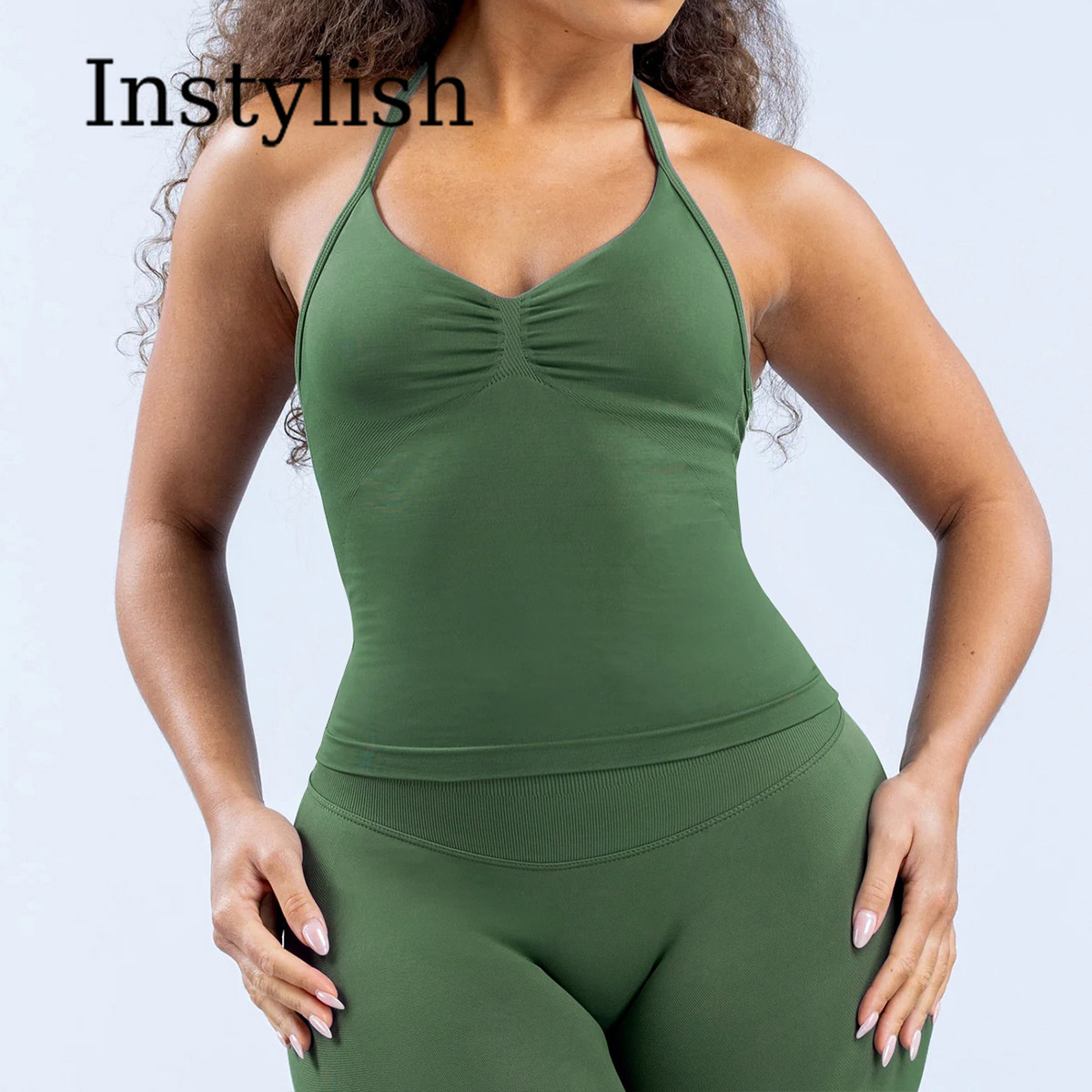 女性用シームレスヨガ2ピースセット ホルターVネック ルシュ - Halter Neck Top のレビューと価格